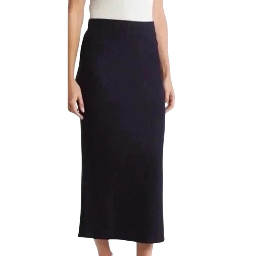 H by BORDEAUX NWT $78 Navy Ribbed Knit Midi Skirt Size M